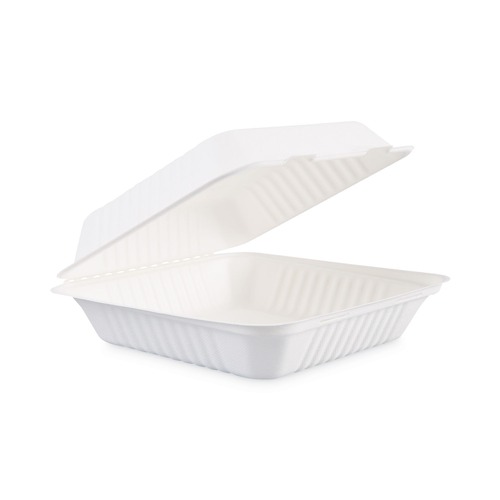 Food Trays, Containers, and Lids | Boardwalk HL-91BW 1 Compartment 9 in. x 9 in. x 3.19 in. Bagasse Food Containers Hinged-Lid - White (200 Sleeves/Carton) image number 0