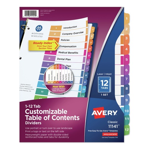 Office Jansan | Avery 11141 Ready Index 11 in. x 8.5 in. 12-Tab 1 to 12 Customizable TOC Dividers - Multicolor Tabs/White (1-Set) image number 0