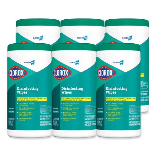 Disinfectants | Clorox 15949 7 in. x 8 in. 1-Ply Disinfecting Wipes - Fresh Scent, White (75/Canister, 6 Canisters/Carton) image number 0