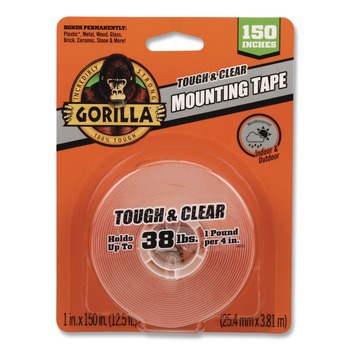 Gorilla Glue 6036002 Holds Up to 0.25 lbs. per Inch 1 in. x 12.5 ft. Permanent Tough and Clear Double-Sided Mounting Tape - Clear (1-Roll)