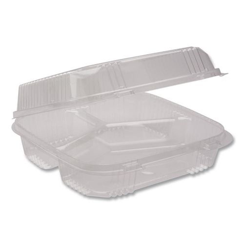 Food Trays, Containers, and Lids | Pactiv Corp. YCI811230000 Clearview 3-Compartment 5 oz. / 14 oz. Hinged Lid Food Containers - Clear (200/Carton) image number 0