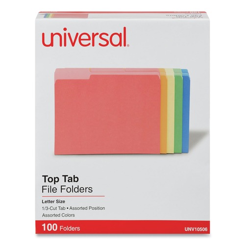 Office Jansan | Universal UNV10506EE Deluxe Colored 1/3-Cut Top Tab Letter Size File Folders - Assorted (100/Box) image number 0