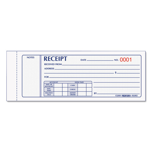 Rediform 50 Forms Total 7 in. x 2.75 in. Total Three-Part Carbonless Receipt Book