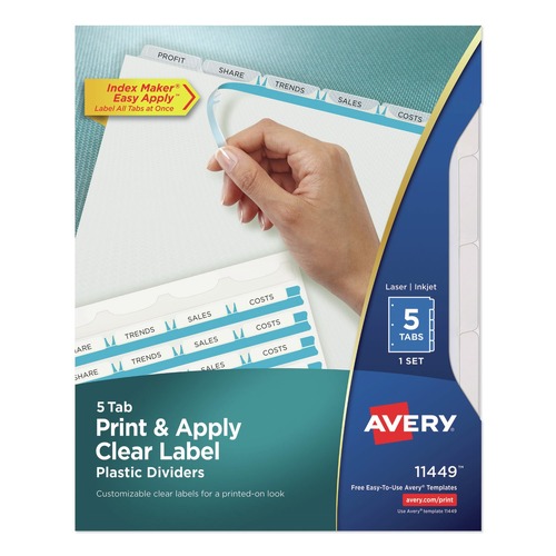 Office Jansan | Avery 11449 11 in. x 8.5 in. 5-Tab Clear Label Plastic Dividers with Printable Label Strip - Frosted Clear Tabs (1-Set) image number 0