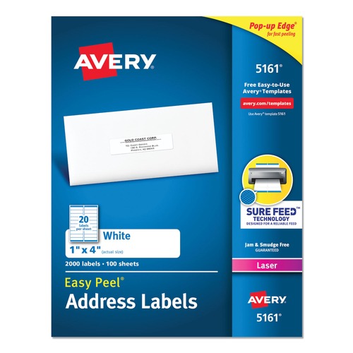Office Jansan | Avery 05161 1 in. x 4 in. Easy Peel Address Labels with Sure Feed Technology for Laser Printers - White (20/Sheet, 100 Sheets/Box) image number 0