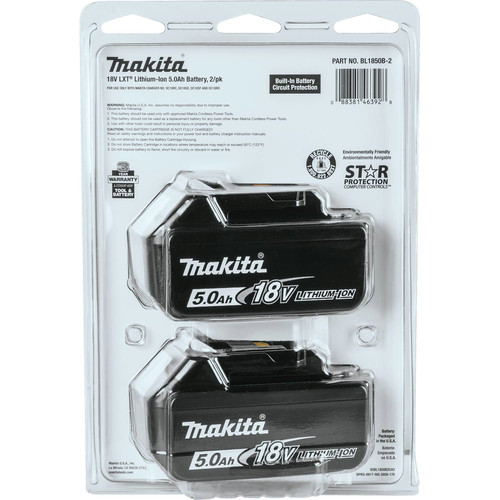 Makita BL1850B-2 18V LXT Lithium-Ion 5.0Ah Battery, 2/pk, Black