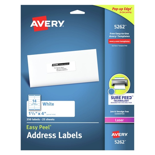 Office Jansan | Avery 05262 Easy Peel 1.33 in. x 4 in. Address Labels with Sure Feed Technology - White (14/Sheet, 25 Sheets/Pack) image number 0