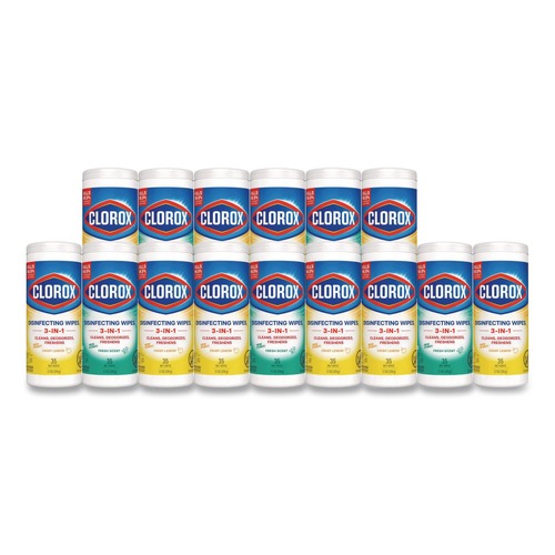 Cleaning & Janitorial Supplies | Clorox 30112 7 in. x 8 in. 1-Ply Disinfecting Wipes - Fresh Scent/Citrus Blend (35/Canister, 3/Pack, 5 Packs/Carton) image number 0