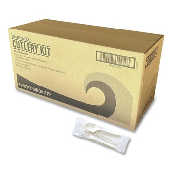 Boardwalk 6.97 in. Plastic Mediumweight Fork/Knife/Spoon 3-Piece Cutlery Kit - White (250/Carton)
