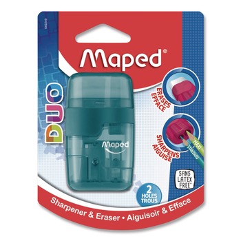 Maped Helix DUO 2-Hole Canister Pencil Sharpener/Eraser Combo, 3.74 x 1.08 x 4.92, Randomly Assorted Colors