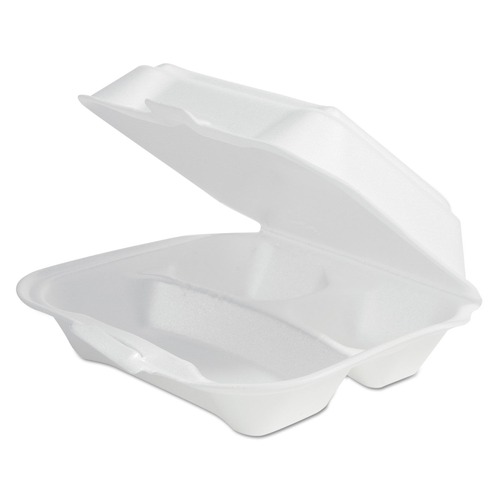 Food Service | Plastifar 12039 7.81 in. x 8.75 in. x 3.38 in. Secure One Tab Latch 3 Compartments Foam Hinged Lid Container - White (200/Pack) image number 0
