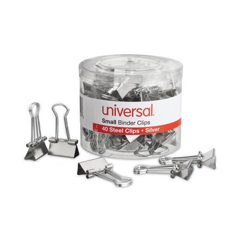 PAPER CLIPS AND FASTENERS | Universal UNV11240 40-Piece/Pack Binder Clips with Dispenser Tub - Small, Silver