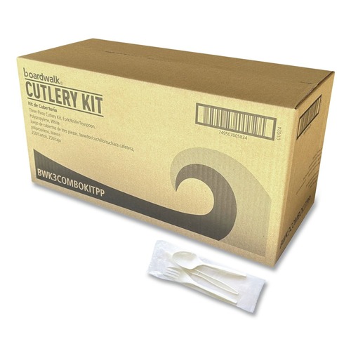 Food Service | Boardwalk BWK3COMBOKITPP 6.97 in. Plastic Mediumweight Fork/Knife/Spoon 3-Piece Cutlery Kit - White (250/Carton) image number 0