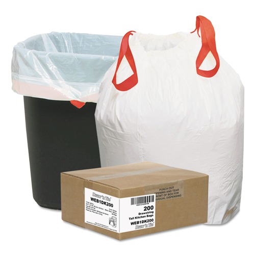 Trash Bags | Draw 'n Tie 1518605 13 Gallon 0.9 Mil 24.5 in. x 27.38 in. Heavy-Duty Trash Bags - White (200/Box) image number 0