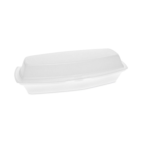 Food Trays, Containers, and Lids | Pactiv Corp. YTH100980000 7.25 in. x 3 in. x 2 in. Single Tab Lock Hot Dog Foam Hinged Lid Containers - White (504/Carton) image number 0