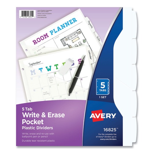 Customer Appreciation Sale - Save up to $60 off | Avery 16825 Five-Tab Write and Erase Pocket Plastic Dividers - White (1 Set) image number 0