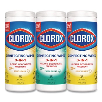 Clorox 7 in. x 8 in. 1-Ply Disinfecting Wipes - Fresh Scent/Citrus Blend, White (35/Canister, 3 Canisters/Pack)