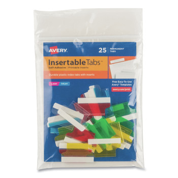 Avery 1 in. Wide 1/5-Cut Insertable Index Tabs with Printable Inserts - Assorted Colors (25/Pack)
