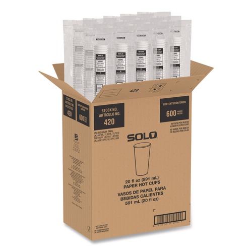 Cups and Lids | SOLO 420RC-PLANET Recycled Content PCF Paper Hot Cups ProPlanet Seal 20 oz White/Blue 600/Carton image number 0