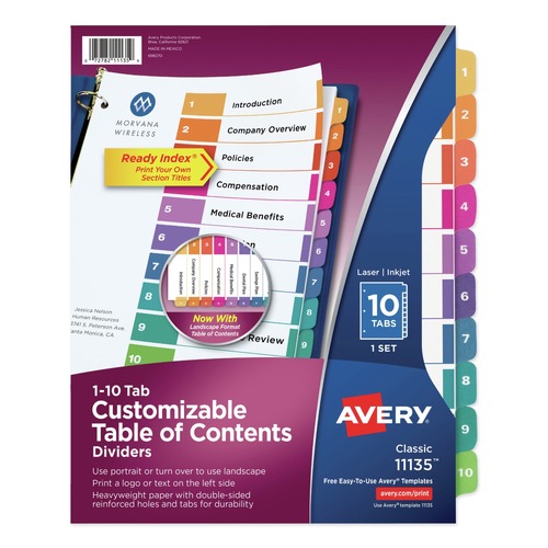 Office Jansan | Avery 11135 Ready Index 11 in. x 8.5 in. 10-Tab 1 to 10 Customizable TOC Multicolor Tab Dividers - White/Traditional Color Tabs (1-Set) image number 0