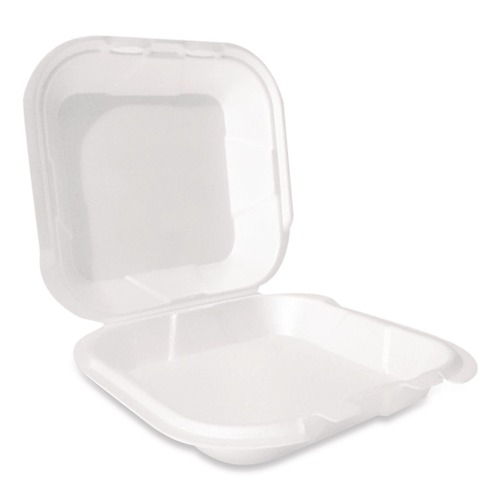 Food Service | Plastifar 12095 9 in. x 9 in. x 3 in. Secure Two Tab Latch Poly Bag Foam Hinged Lid Container - White (200/Carton) image number 0