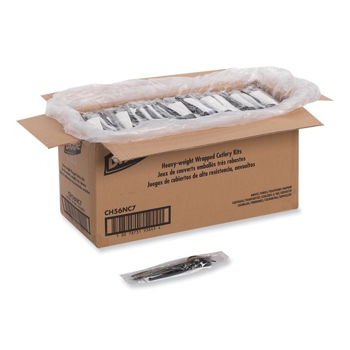Cutlery | Dixie CH56NC7 Individually Wrapped Heavyweight Plastic Fork/Knife/Napkin/Spoon Set - Black (250/Carton) image number 0