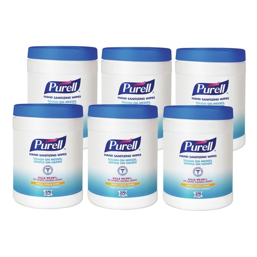 PURELL 9113-06 6 in. x 6-3/4 in. Sanitizing Hand Wipes - White (6 Canisters/Carton, 270 Wipes/Canister) image number 0