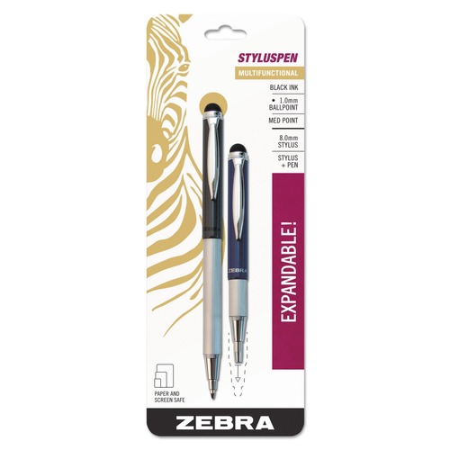  | Zebra 33602 StylusPen Medium 1 millimeter Retractable Telescopic Ballpoint Pen/Stylus - Black Ink/Blue/Gray Barrel (2/Pack) image number 0