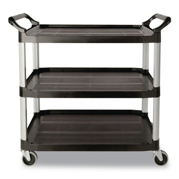 Rubbermaid Commercial 40.63 in. x 20 in. x 37.81 in. 300 lbs. Capacity 3 Shelves Plastic Xtra Utility Cart with Open Sides - Black
