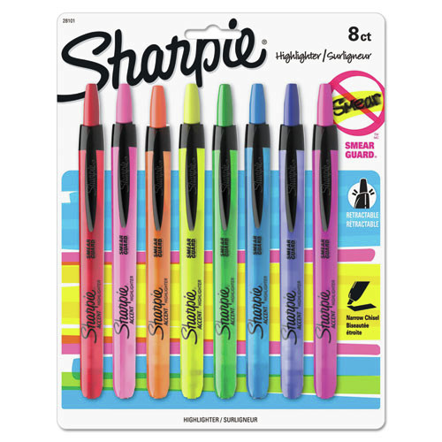 Office Jansan | Sharpie 28101 Chisel Tip Retractable Highlighters with Storage Pouch - Assorted Ink Colors, Assorted Barrel Colors (8/Set) image number 0