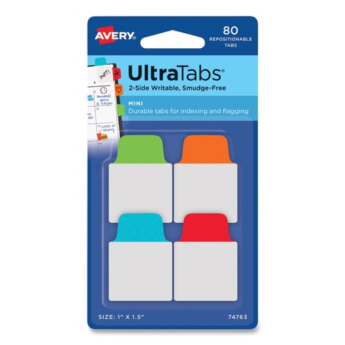 Office Jansan | Avery 74763 Ultra Tabs 1 in. x 1.5 in. 1/5-Cut Repositionable Mini Tabs - Assorted (80/Pack) image number 0