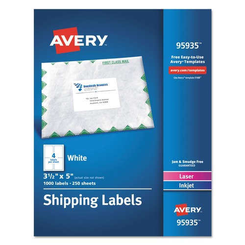  | Avery 95935 Inkjet/Laser Printer 3.5 in. x 5 in. Shipping Label Bulk Packs - White (4/Sheet 250-Sheet/Box) image number 0