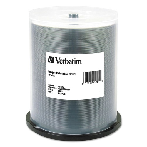 Office Jansan | Verbatim 95251 CD-R 700 MB 52X White Inkjet Printable (100/Pack) image number 0