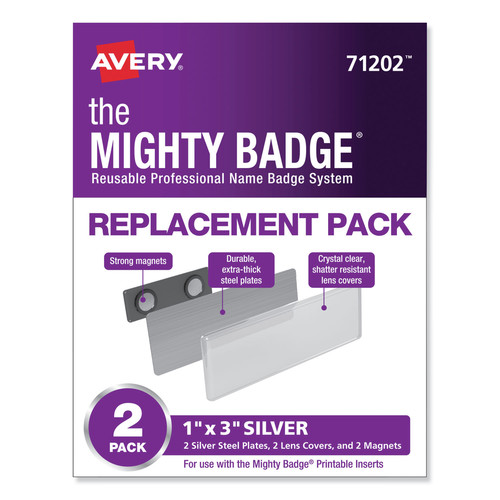 Avery 71202 The Mighty Badge 1 in. x 3 in. Reusable Professional Name Badge System Replacement Pack - Silver (2/Pack) image number 0