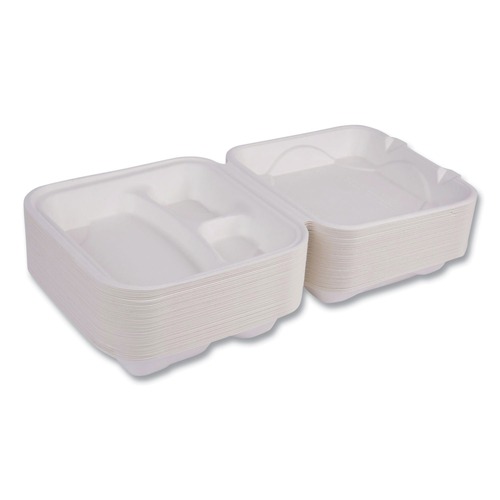 Food Trays, Containers, and Lids | Eco-Products EP-HC93NFA Vanguard 9 in. x 9 in. x 3 in. 3-Compartment Renewable and Compostable Sugarcane Clamshells - White (200/Carton) image number 0