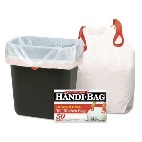  | Handi-Bag WEB HAB6DK50 24 in. x 27.4 in. 13 gal. 0.6 mil Drawstring Kitchen Bags - White (300/Carton) image number 0