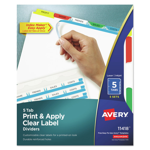 Office Jansan | Avery 11418 Index Maker 11 in. x 8.5 in. 5-Tab Traditional Color Print and Apply Clear Label Dividers - Assorted (5/Pack) image number 0