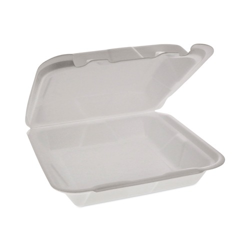 Food Trays, Containers, and Lids | Pactiv Corp. YHD18SS00200 8 in. x 7.75 in. x 2.25 in., Dual Tab Lock Happy Face, Foam Hinged Lid Containers - White (200/Carton) image number 0