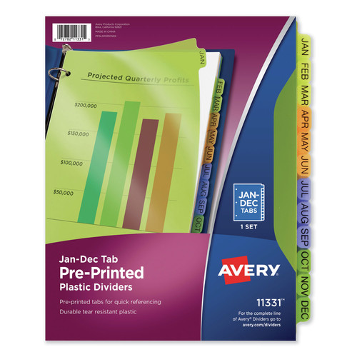 Office Jansan | Avery 11331 11 in. x 8.5 in. 12-Tab Jan. to Dec. Durable Preprinted Plastic Tab Dividers - Assorted (1-Set) image number 0