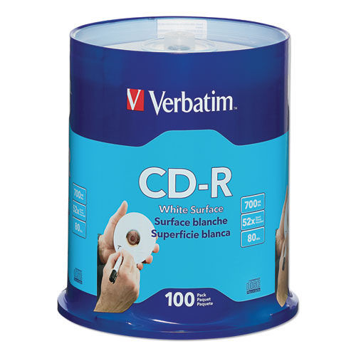 Office Electronics & Batteries | Verbatim 94712 700 MB/80 min 52x CD-R Recordable Disc - White (100/Pack) image number 0