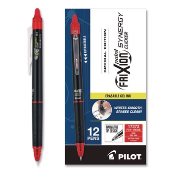 Pilot Frixion Synergy Clicker Erasable Gel Pen, Retractable, Extra Fine 0.5 mm, Red Ink, Black/Red Barrel, Dozen
