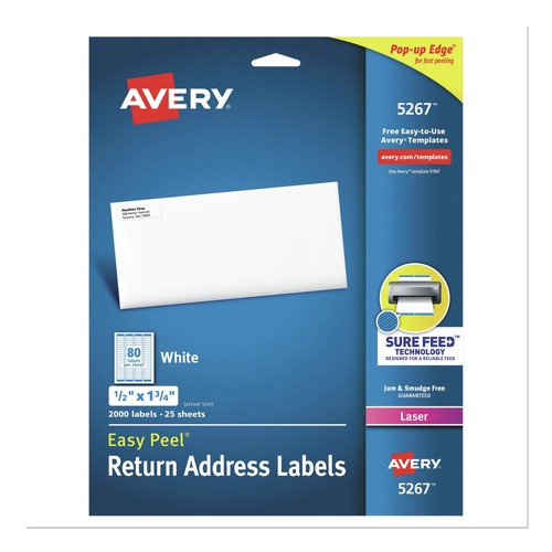 Office Jansan | Avery 05267 Easy Peel Laser Printer 0.5 in. x 1.75 in. Address Labels with Sure Feed Technology - White (80/Sheet, 25 Sheets/Pack) image number 0