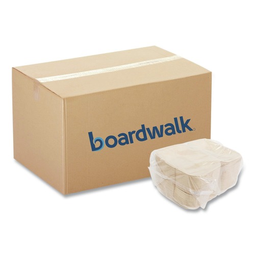 Food Service | Boardwalk BWKHINGE96NPFA 6 in. x 3 in. x 9 in. Bagasse PFAS-Free Hinged Lid Food Containers - Tan (250/Carton) image number 0