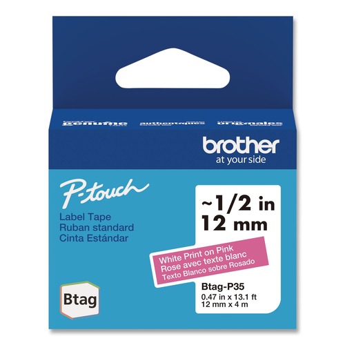 Labels | Brother P-Touch BTAGP35 0.47 in. x 13.1 ft. Genuine P-Touch BTAG Label Tapes - White on Pink image number 0