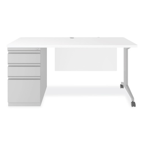 Office Desks & Workstations | Alera 26115 Modern Teacher Series 60 in. x 24 in. x 28.75 in. Left-Side Pedestal: Box/Box/File Pedestal Desk - White/Silver image number 0