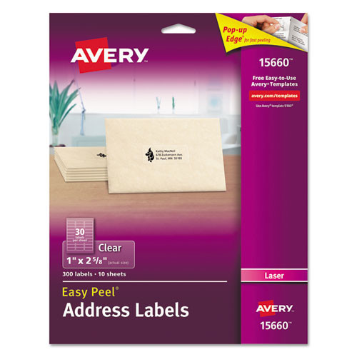 Office Jansan | Avery 15660 Easy Peel 1 in. x 2.63 in. Mailing Labels with Sure Feed Technology for Laser Printers - Matte Clear (300/Pack) image number 0