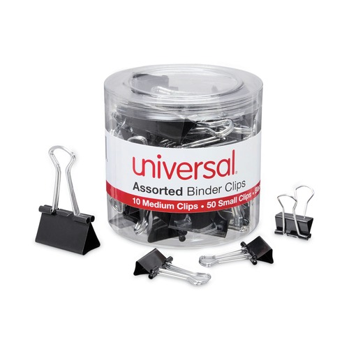 Office Jansan | Universal UNV11160 Binder Clips with Storage Tub - Small/Medium, Black/Silver (60/Pack) image number 0