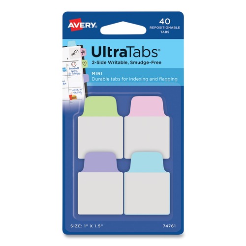 Office Jansan | Avery 74761 Ultra Tabs 1 in. x 1.5 in. 1/5-Cut Repositionable Mini Tabs - Assorted Pastel (40/Pack) image number 0