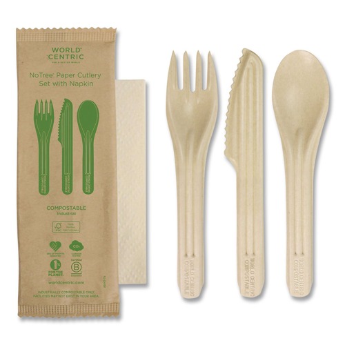 Cutlery | World Centric AS-NT-TN NoTree Paper Fork/Knife/Spoon/Napkin Light Mediumweight Cutlery - Natural (250/Carton) image number 0
