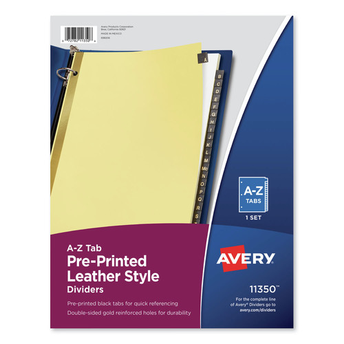Office Jansan | Avery 11350 11 in. x 8.5 in. 25-Tab A to Z Preprinted Black Leather Tab Dividers w/Gold Reinforced Edge - Buff (1-Set) image number 0